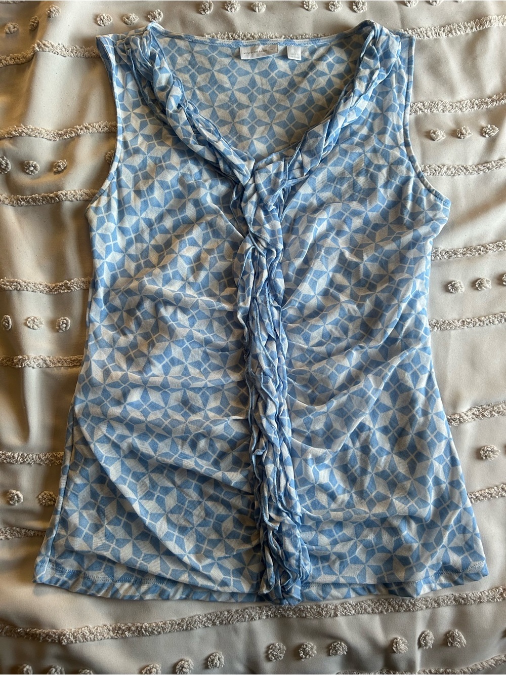 New York & Company Blue and White Geometric Braided-Front Sleeveless Camisole